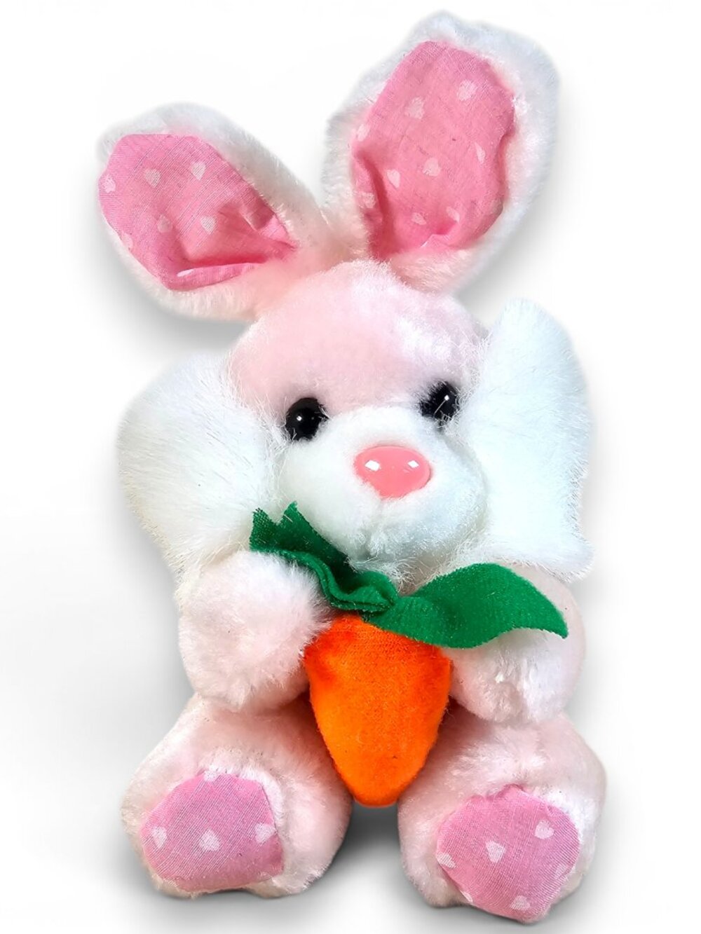 Vintage Bunny Rabbit Plush Stuffed Toy Pink Holding Carrot Hearts Easter 6"